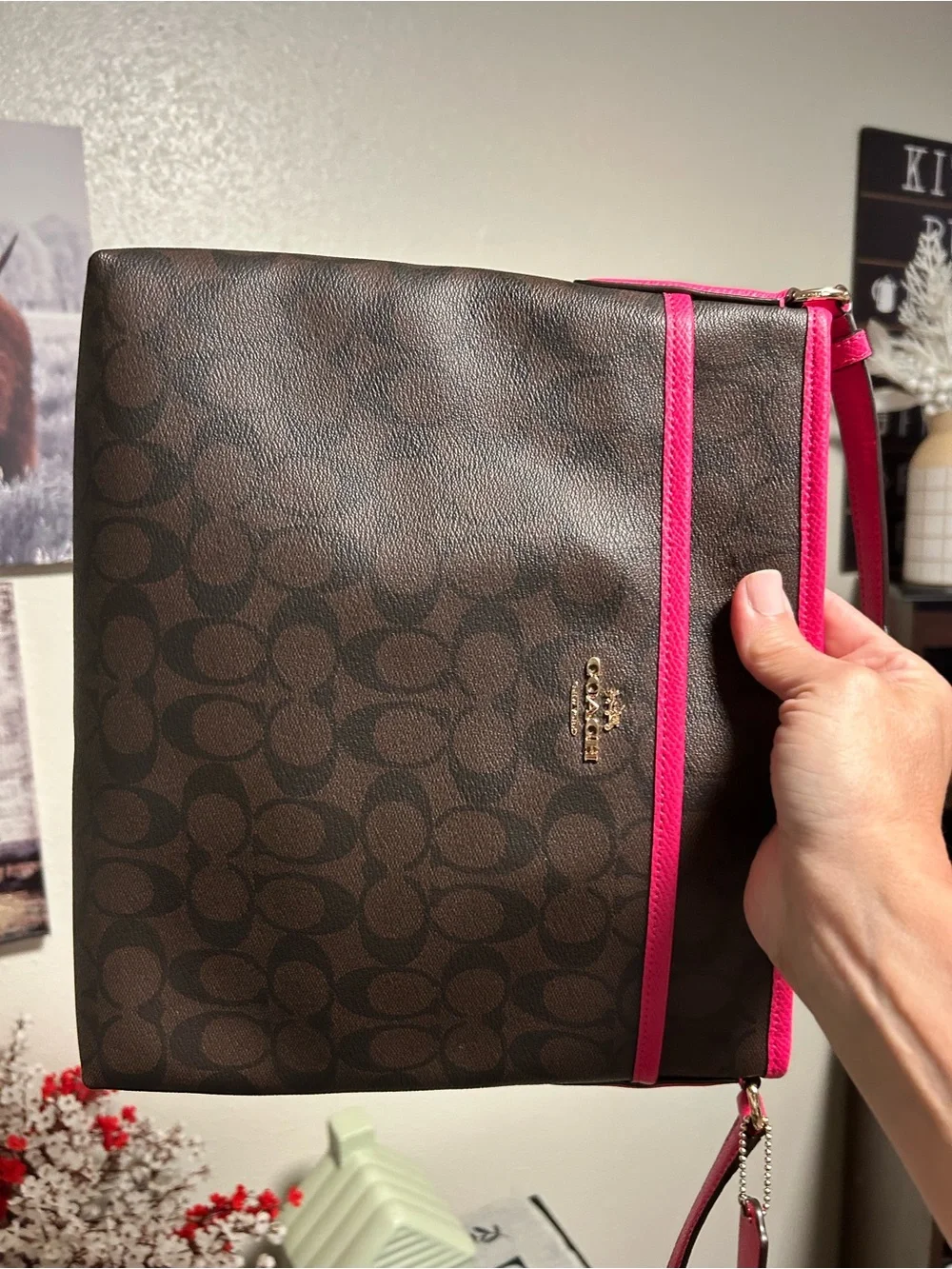 Coach Brown Signature File Bag Crossbody with Bright Fuchsia  Trim